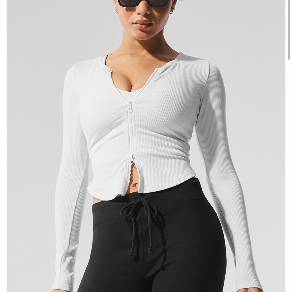 ALO Yoga White Ribbed Long Sleeve Zip-Up Top